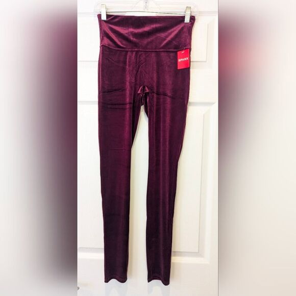 NWT Spanx Velvet Leggings Rich Burgundy sz M stretch shape soft comfy shiny yoga - Picture 1 of 8
